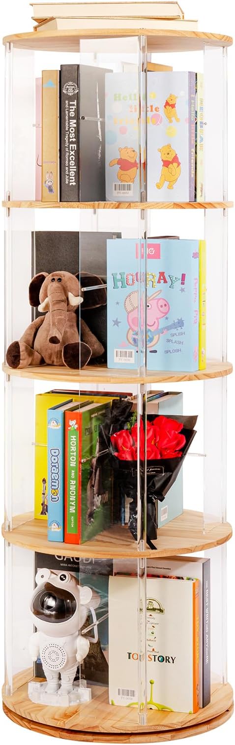 360° Rotating Bookshelf, 4-Tier Spinning Book Shelf Tower with Solid Wood & Clear Acrylic, Round Revolving Bookcase for Living Room, Bedroom and Office