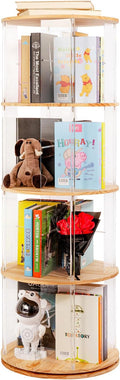 360° Rotating Bookshelf, 4-Tier Spinning Book Shelf Tower with Solid Wood & Clear Acrylic, Round Revolving Bookcase for Living Room, Bedroom and Office