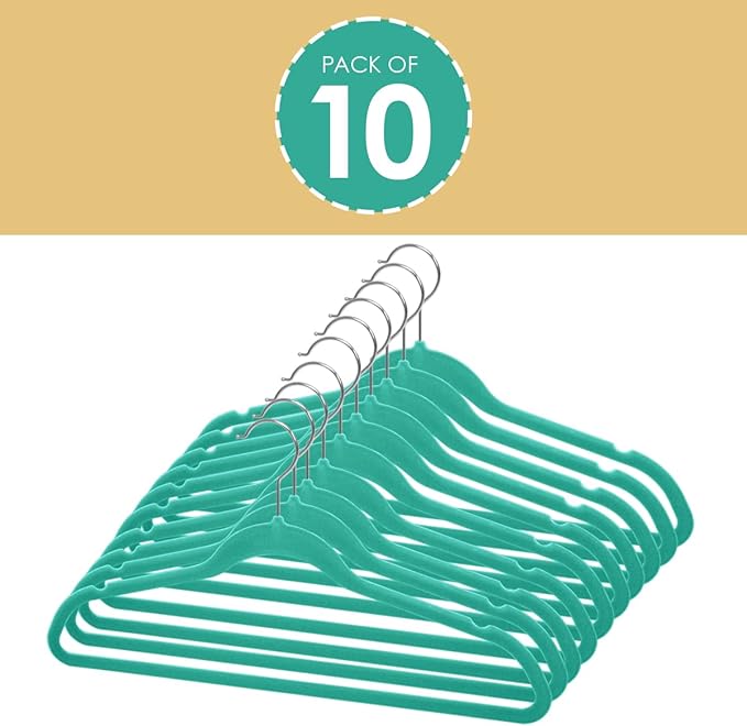 Home Basics Sunbeam Slip-Proof Snag-Free Ultra Slim Velvet Hanger with Rotating Steel Hook (Pack of 10) (TURQUOISE)