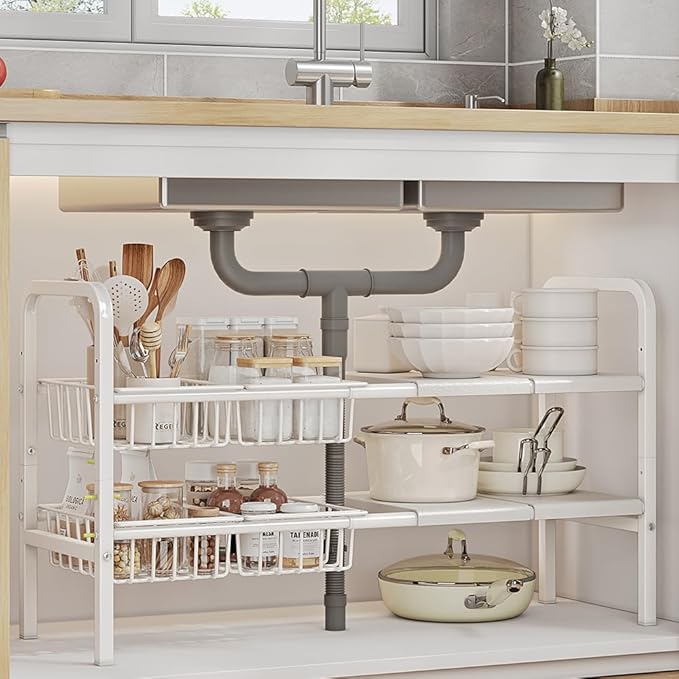 Under Sink Organizer and Storage 2 Tier Expandable Shelves Kitchen Cabinet Crganizers with 4 Baskets and 4 Panels for Bathroom Counter shelf Pantry