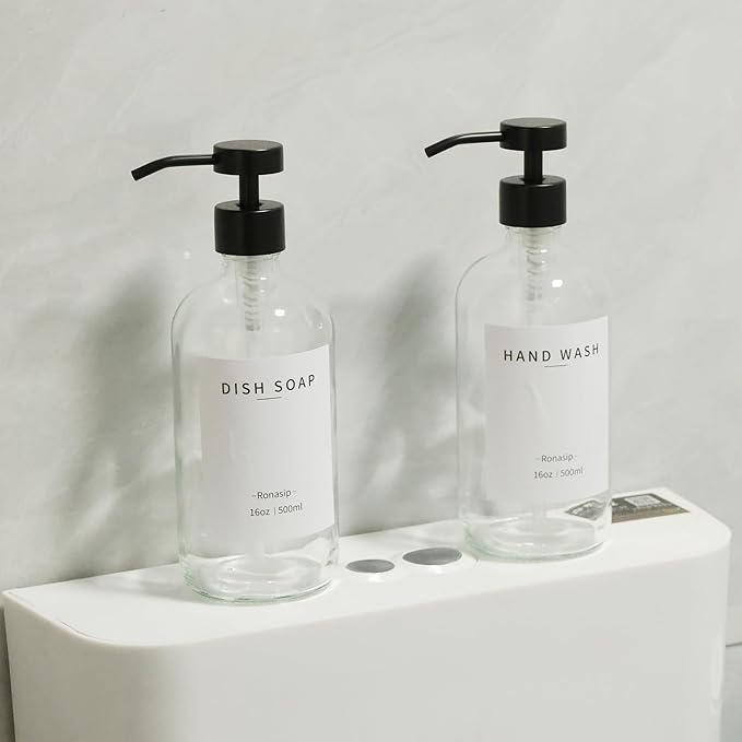 Set of 5 Kitchen Soap Dispenser Set 16 Oz Glass Hand Dish Soap Dispenser with Stainless Steel Pump, Cement Tray, Dish Scrub Brush for Farmhouse Rustic Home Bathroom Decor (Transparency)