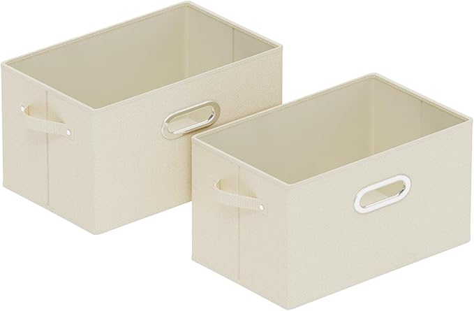 Foldable Cloth Basket with 3 Handles, Decorative Open Storage Boxes, Stackable Cube Organization, Fabric Bins for Shelves, Closet, Living Room, 13x9.1x7.9in, Beige, 2 Pack