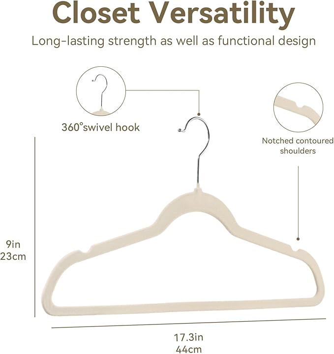 Premium Velvet Hangers 30 Pack, Non-Slip Suit Clothes Hangers, 360 Degree Swivel Hooks and Slim Profile to Maximize Closet Space Beige/Silver