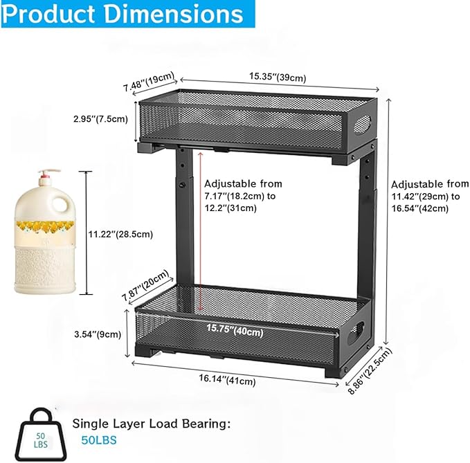 Under Sink Organizer 2 Tier, Pull Out Cabinet Storage with 5-Level Adjustable Height, Thickened Carbon Steel Sliding Under Cabinet Shelf for Kitchen, Bathroom, Laundry Room, Black