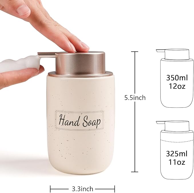 BosilunLife Foaming Soap Dispenser Set - Apricot Ceramic Foam Hand Soap Dispenser 12oz with Rust Proof Pump, Easy Pressing & Refillable,4Pcs Clear Stickers for Kitchen, Bathroom - 2 Pack