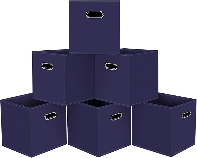 Black Foldable Storage Cubes Bins, Fabric Storage Box Cubes Organizer Baskets with Dual Handles for Home Organizer,Set of 6,(Navy Blue)