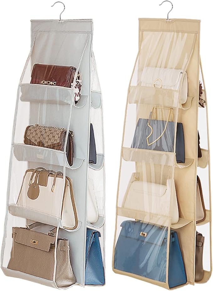 AARAINBOW 2 Pack Hanging Handbag Purse Organizer, 8 Pockets, Wardrobe Closet Space Saving Transparent Hand Bags Holder, 43.3L x 14.1W (Gray+Beige)