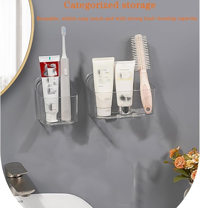 2pcs Adhesive Wall Mount Organizer Box,Acrylic Shelves for Wall,No Drilling Hang Walls,with Self Adhesive Tape,Automatic Draining for Bathroom, Kitchen, Living Room - Clear (Small)