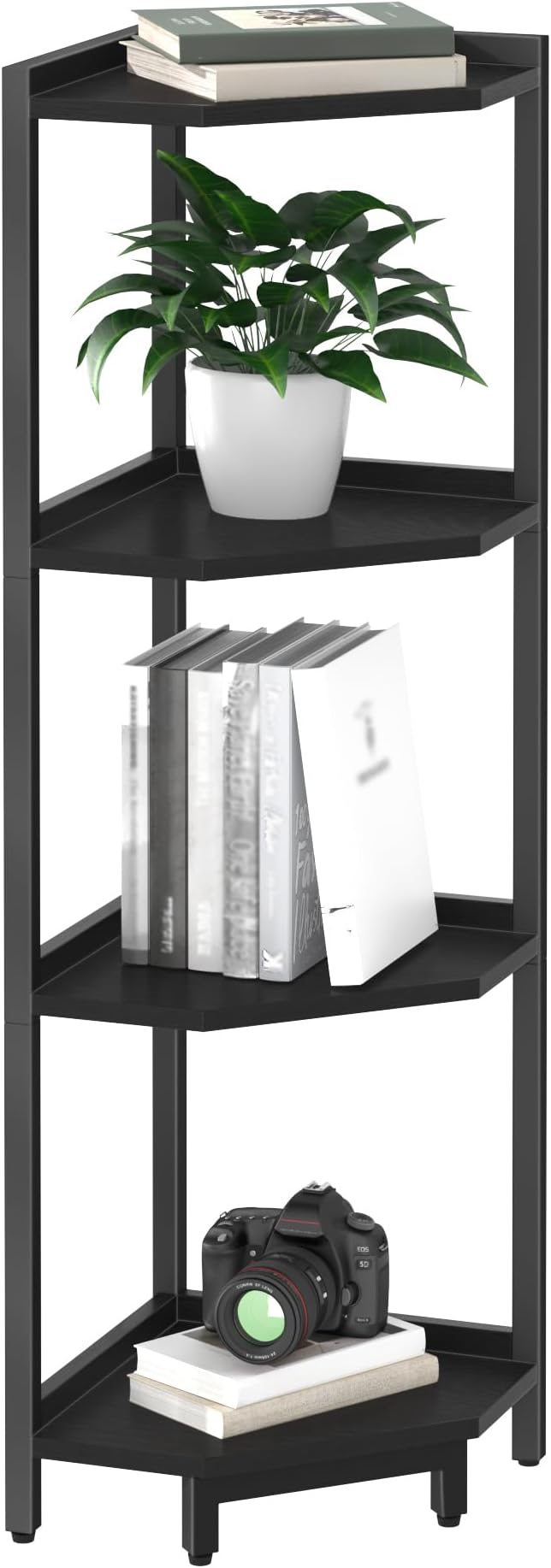 Corner Shelf Stand, Corner Bookshelf, Storage Standing Shelf Unit with Metal Frame, Plant Stand, Bookcase for Living Room, Home Office, Bedroom, 4-Tier Black CS05806B