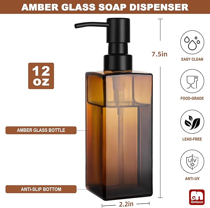 GMISUN Amber Glass Soap Dispenser, Hand Soap Dispenser with Stainless Steel Pump for Bathroom, 12 fl oz/350ml Refillable Dish Dispensers for Kitchen, Modern Liquid Lotion Bottles for Countertop