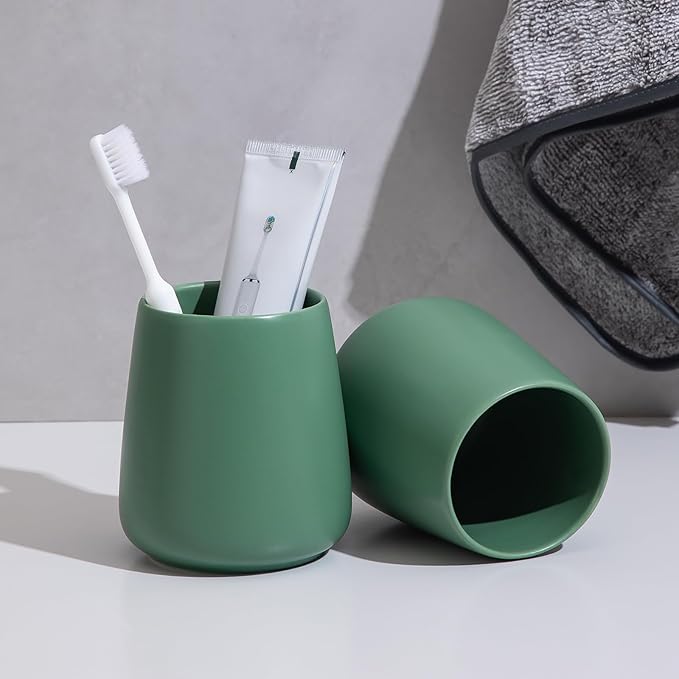 Green Toothbrush Holder for Bathroom - Ceramic Tooth Brushing Holders, Toothbrush Cup, Toothpaste Organizer for Bathroom Countertop, Makeup Brush Holder, Pen Holder for Home Desktop Storage