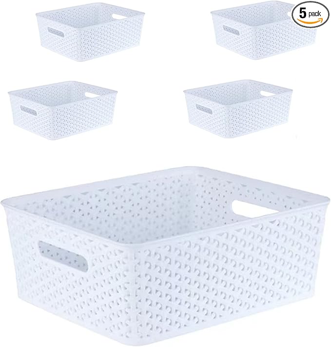 5PCS Plastic Storage Baskets, Small Baskets for Organizing, Small Pantry Organizer Basket Bins. For Countertops, Cabinets, Bedrooms, and Bathrooms Wait (White)