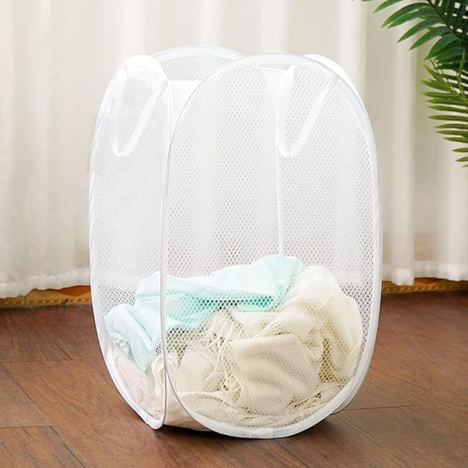 Pop Up Laundry Hamper, Collapsible Mesh Laundry Basket Clothes Hamper for Home Room, Dorm Room, Cruise, White