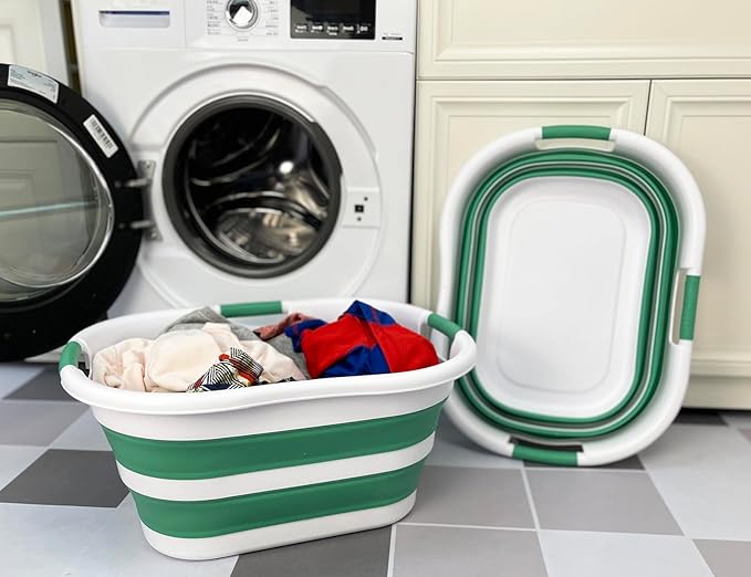 SAMMART 40L (10.5 gallon) Set of 2 Collapsible Plastic Laundry Hamper - Foldable Pop Up Storage Container/Organizer - Portable Washing Tub - Space Saving Basket (2, White/Winter Green)