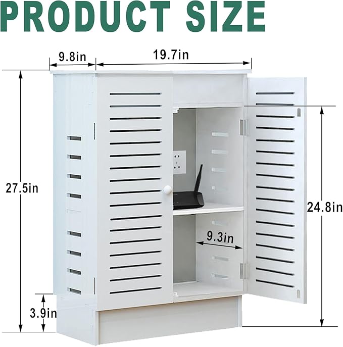 WiFi Router Storage Cabinet, Floor Standing Router Storage Box Modem, Power Strip and Cable Management Hider Organizer for Home and Office (White)