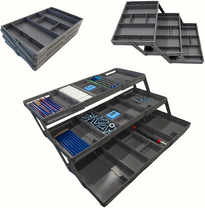 3 Tier Drawer Organizer, Multi Level Smart Drawer Organizer for Desk, Expandable Organizer for Office, Makeup, Jewelry, Kitchen, Folding Storage for Home and Office Drawers - Gray