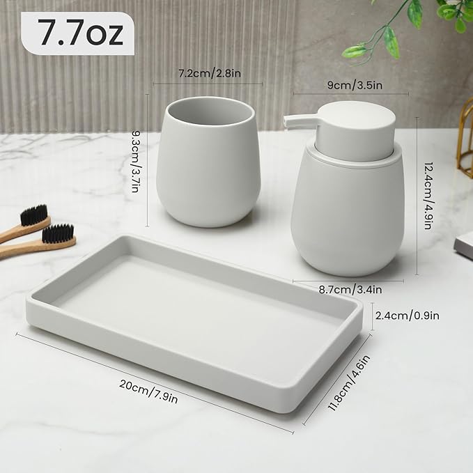 Bathroom Accessories Set, Modern 3 Pcs Bathroom Essentials - Soap Dispenser, Toothbrush Holder & Tray, Countertop Vanity Organizer (Beige)