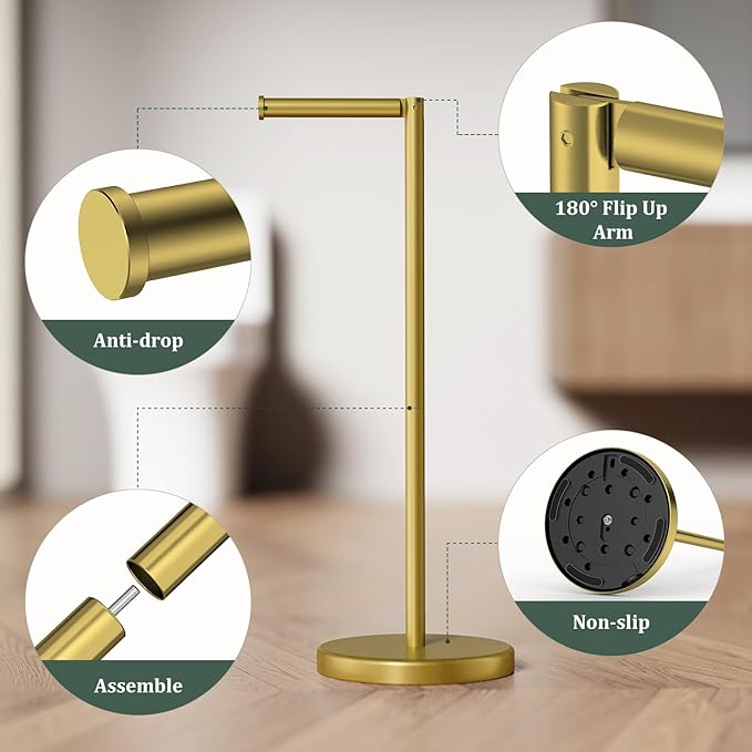 Evolvegoods Brushed Gold Toilet Paper Holder Stand, Freestanding Toilet Paper Holder for Bathroom, 304 Stainless Steel Rustproof Tissue Roll Holder Storage for 4 Rolls(Fits All Rolls)