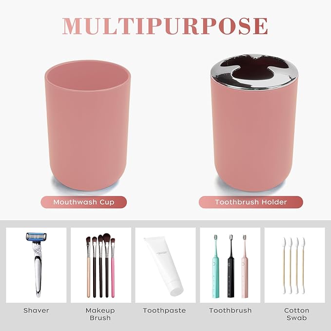 4 Pcs Pink Bathroom Accessories Set,Bohemian Bathroom Toothbrush Holder Set.Include Soap Dispenser, Soap Dish, Toothbrush Holder, Mouthwash Cup, Modern Bahtroom Decor Set