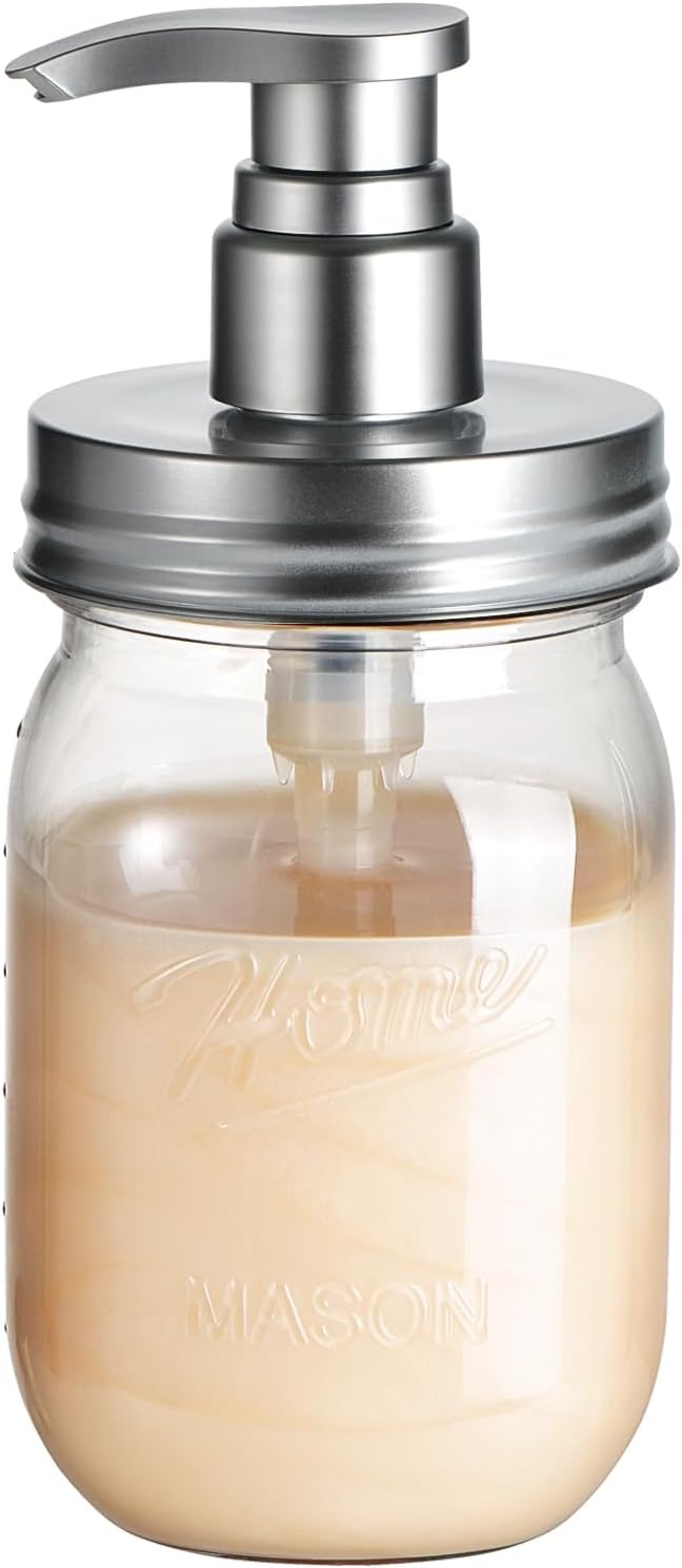 Amolliar Plastic Mason Jar Soap Dispenser with Pump Lid,16OZ Refillable Hand Soap Dispenser Set with Cute Lables - Farmhouse Decor for Kitchen/Bathroom, Liquid Soap, Dish Soap, Lotion (Silver)