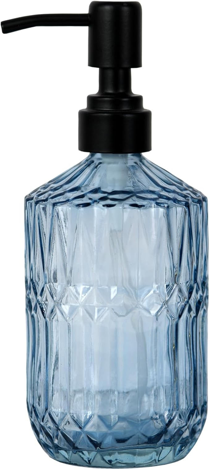 18oz Blue Glass Soap Dispenser, Refillable Kitchen, Bathroom Thick Glass Soap Dispenser with Black Rustproof Pump for Dishwashing Liquid, Hand Soap, Lotion, Body Wash (Blue-Black Pump)