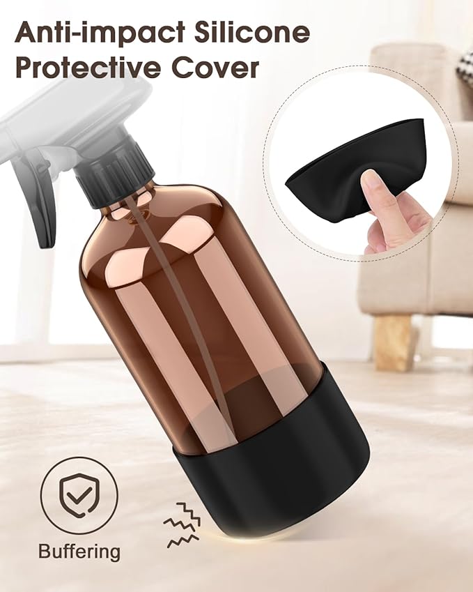 Glass Spray Bottle with Silicone Sleeve Protection, Amber Glass Spray Bottle Set for Window Cleaner Aromatherapy Facial Hydration Watering Flowers Hair Care 2 Pack/16 oz (Black & White, 16 oz)