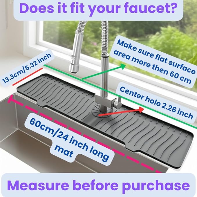 24 Inch Longer Faucet Mat for Kitchen Sink, Silicone Sink Faucet Mat Splash Guard 5° Slope Premium Kitchen Sink Splash Faucet Guard, Fast Self-Draining Mat (Grey)