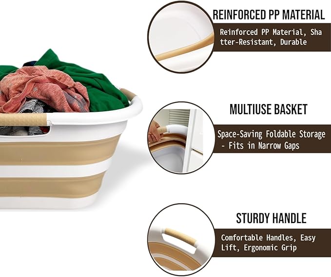 SAMMART 40L (10.5 gallon) Plastic Foldable Laundry Basket/Tub - Collapsible, Space Saving and Portable Laundry Hamper, Ideal for Home, Travel, Dorm, and Camping (1, White/Beige)