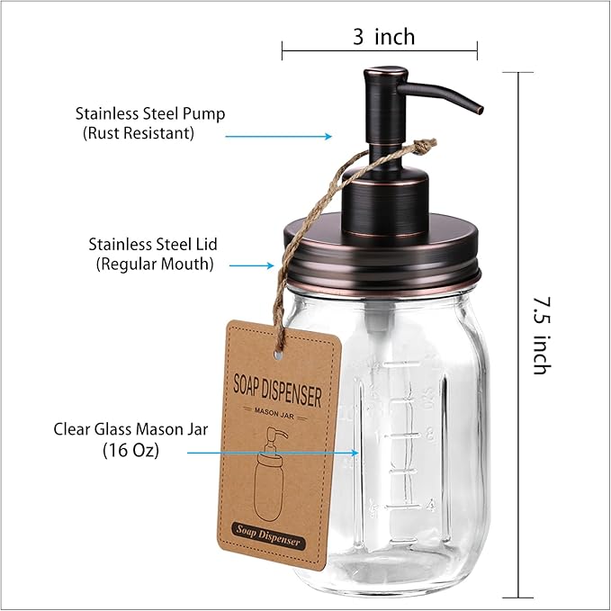 SheeChung 16 Oz Mason Jar Liquid Soap Dispenser, Glass Hand Soap Dispenser, Stainless Steel Pump Lid, Refillable Lotion Dispensers for Bathroom Countertop Kitchen (2, Oil Rubbed Bronze)