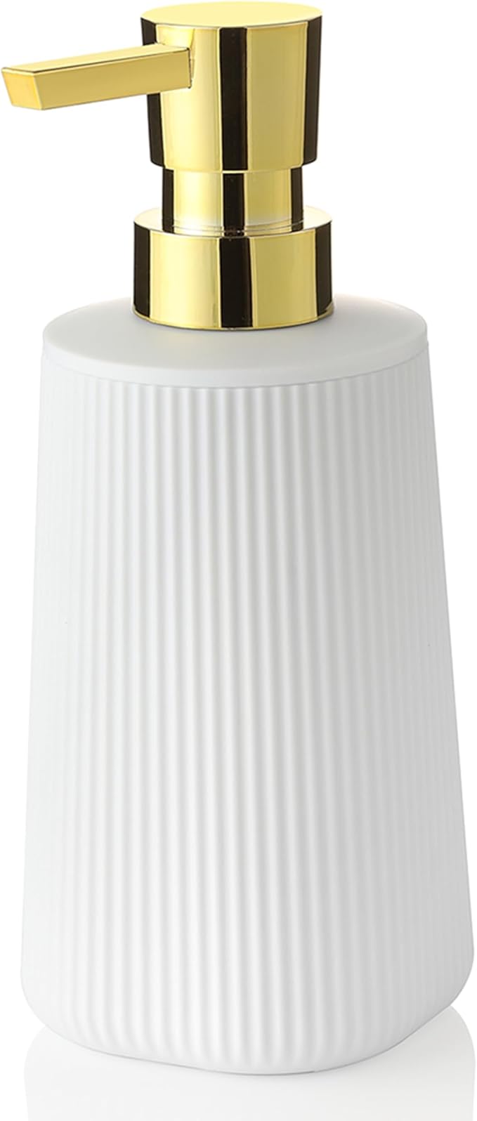 Small Soap Dispenser for Bathroom and Kitchen, Modern Farmhouse Striped Style Plastic Hand Soap Dish Soap Dispenser with Pump Matte White and Gold