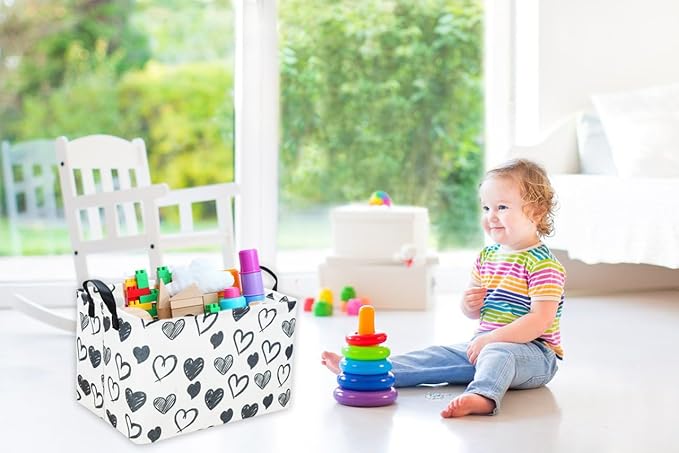 Rectangular Kids Baskets,Heart Storage Bins Organizer.Cute Storage Bin with Handles. Kids Basket,Girls Room Decor,Books Basket, Gifts Bins Empty.(Black Heart)