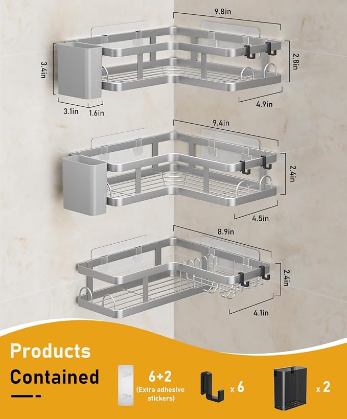 3 Pack Corner Shower Caddy Organizer, Rustproof Corner Shower Shelves, No Drilling Bathroom Corner Shelf with Hooks and Toothpaste Holder