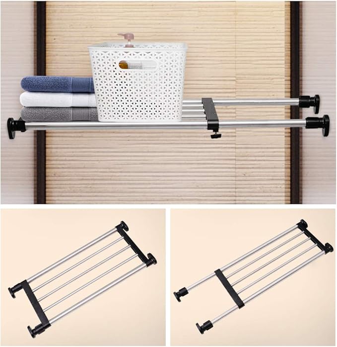 BAOYOUNI Expandable Shelf Closet Tension Rod Adjustable Shelving Unit Storage Rack Organizer Hanger Space Saving Divider for Wardrobe, Cupboard, Kitchen, Bathroom Use, Black