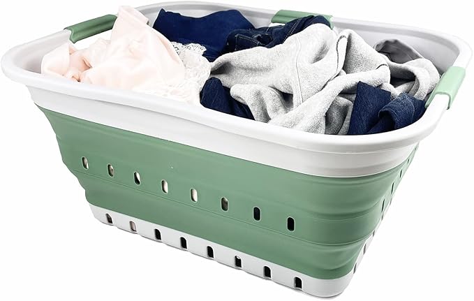 SAMMART 42L (11 gallon) Collapsible Plastic Laundry Basket - Foldable Pop Up Storage Container/Organizer - Portable Basket - Space Saving Hamper/Basket (Grey/Dark Sea Green (Set of 2))