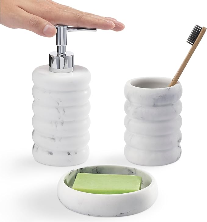 Navaris Decorative Bathroom Accessories Set - 3-Piece Bath Accessory Kit with Toothbrush Holder Liquid Soap Dispenser and Soap Dish Tray Set - White Marble