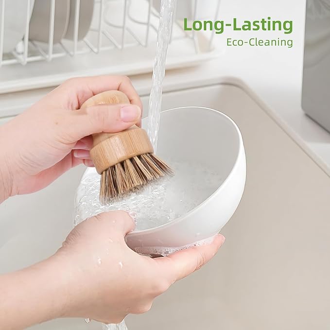6 Pcs Bamboo Wok Brush - Hard Bristle, Eco-Friendly Bamboo Brush for Dishes, Biodegradable, Kitchen Dish Brush for Cleaning Pots, Pans, Grills and Stoves