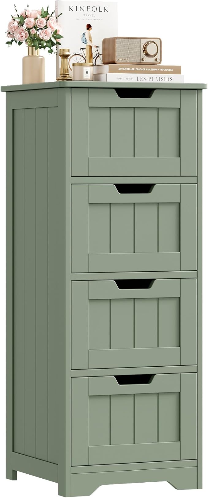 FOTOSOK Bathroom Storage Cabinet, Bathroom Cabinet with 4 Drawers, 11.8” x 11.8” x 32.5” Freestanding Entryway Cupboard Storage Organizer Unit Home Furniture Decor, Green