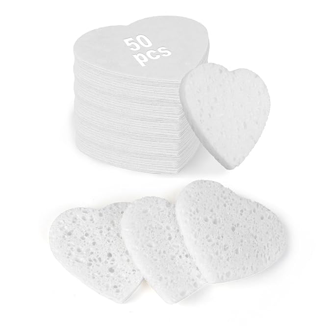 50-Count Heart Shape Compressed Facial Sponges,100% Natural Cellulose Face Sponge Spa Sponges for Removing Dead Skin, Dirt and Makeup(White)