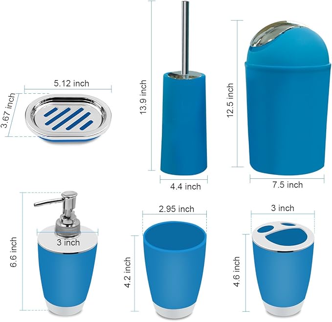 Bathroom Accessories Set, 6-Piece Plastic Gift Set, Toothbrush Holder, Toothbrush Cup, Soap Dispenser, Soap Dish, Toilet Brush Holder, Trash Can (Blue)