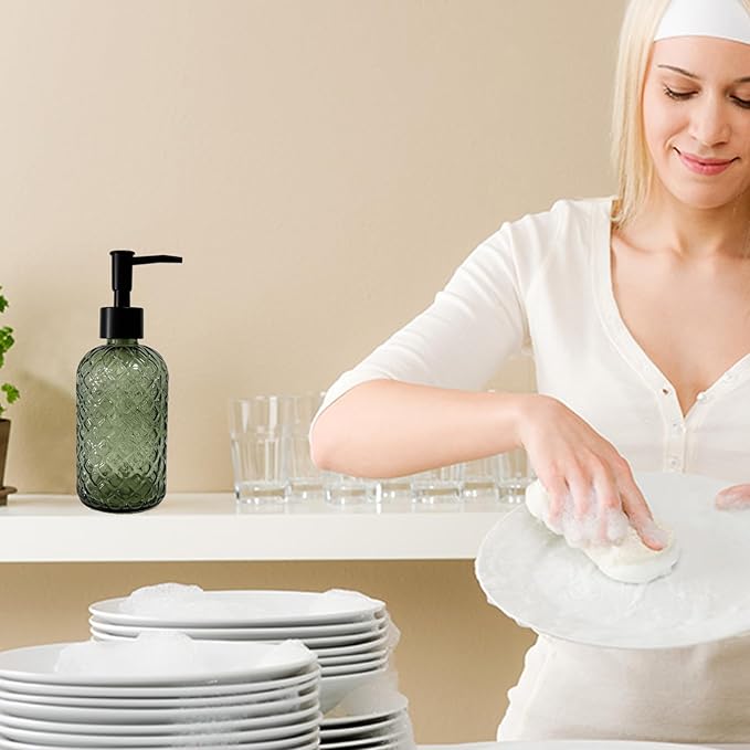 Green Glass Soap Dispenser with Black Pump, 13.5oz Liquid Hand Soap Dispenser Set, Dish Soap Lotion Dispenser for Modern Home Decor, Bathroom, Kitchen Countertop, Hotel