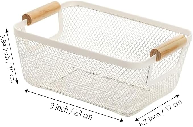 Metal Mesh Steel Basket, Small Wire Storage Organizer Basket Multi-function Hanging Kitchen Basket with Wood Handle for Kitchen Bathroom Picnic Home, Rectangle-Off White