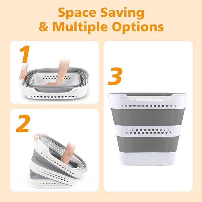 3 Pcs 42L Medium Collapsible Plastic Laundry Basket with Handles, Foldable Laundry Basket Hamper, Pop Up Storage Container Organizer for Washing Storage (Gery, 17 Inch * 13 Inch * 15 Inch)