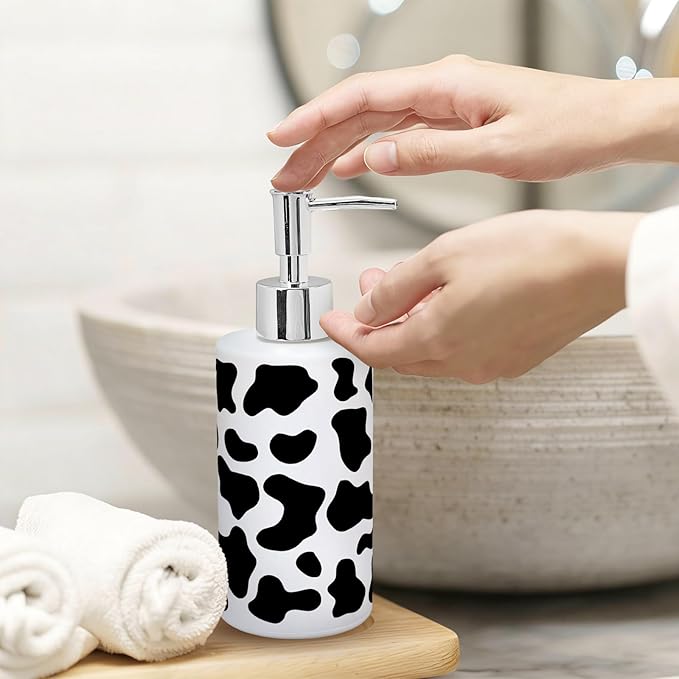 Cow Print Soap Dispenser Refillable Liquid Container Cute Cow Spot Glass Soap Dispenser with Pump for Bathroom Kitchen Countertop Decor