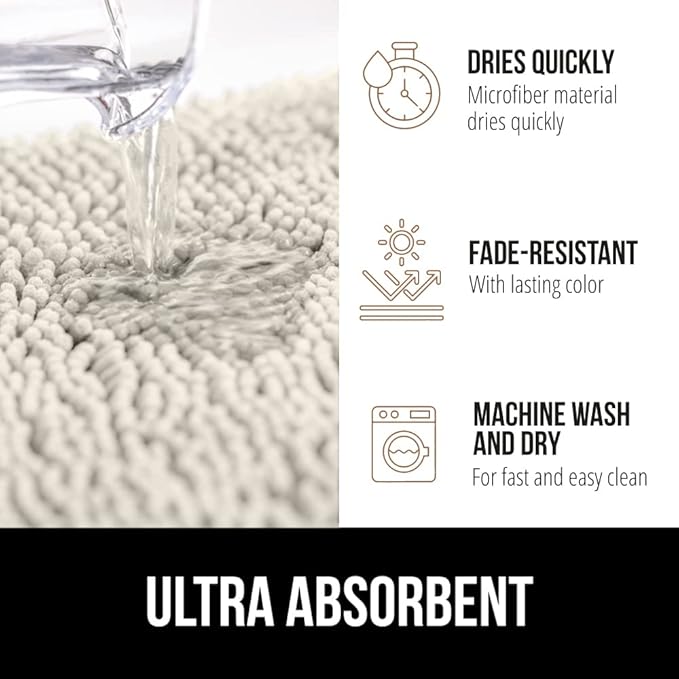 GORILLA GRIP Bath Rug Mat 48x24, Soft Absorbent Chenille, Quick Dry Microfiber Mats, Rubber Backing Washable Shower Floor Rugs, Bathmat Runner, US Designed Bathroom Home Decor Accessories Ivory Cream