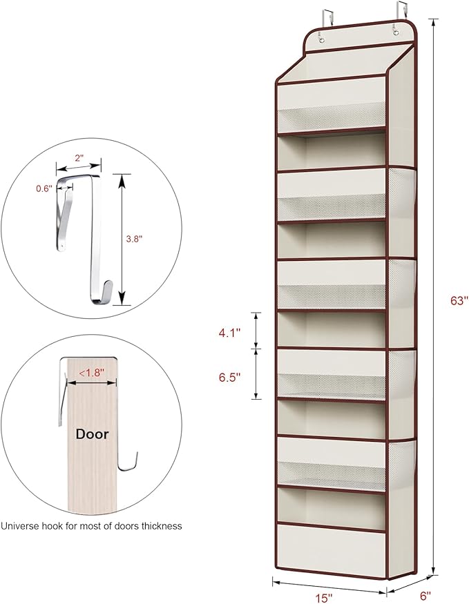 Univivi 6 Tier Over The Door Organizer With 8 Mesh Side Pockets, Bathroom Organizers and Storage Over The Door Organizer For Nursery Baby Essentials (Beige)