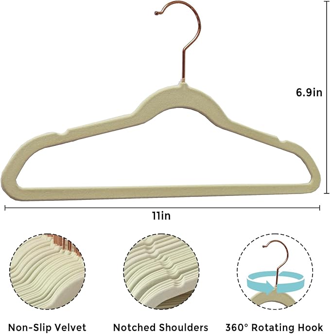 50-Pack 11 Inch Baby Closet Hangers with 10 Clips - Soft Velvet Non-Slip Hangers for Infant & Toddler Clothes (Beige)