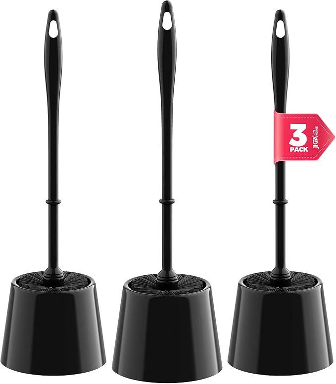 JIGA 3 Pack Toilet Brush and Holder Set, Toilet Bowl Brush with Caddy Bathroom Stiff Bristles Toilet Scrub Brush, Black