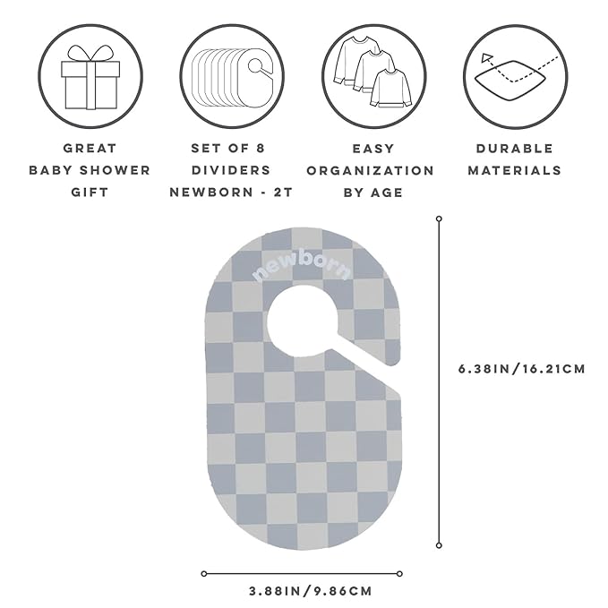 3 Sprouts Baby Closet Dividers Set of 8 - Clothes Organizer Toddler Hanger, Double-Sided Size Labels - Nursery Organization for Newborn Clothing, Infant to 2T Boy & Girl - Checkerboard