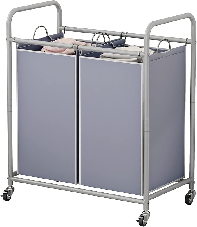 SUOERNUO Laundry Sorter Basket 2 Bag Laundry Hamper Cart with Rolling Lockable Wheels and Removable Bags Laundry Organizer Cart for Clothes Storage, Grey