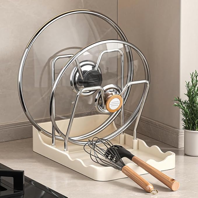 Pot lid Holder And Spoon Rest, 2 Layers Lid And Spoon Rest Pot Lid Organizer With Drip Tray, Multifunctional Utensils Pan Pot Cover Lid Rack Shelf for Pot Lids, Spatulas, Spoons (White)
